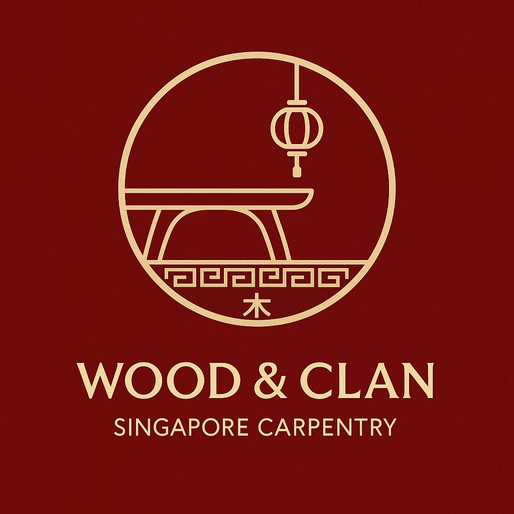 Wood & Clan logo: a carved table and hanging lantern inside a circle, with a key-fret border and the character 木