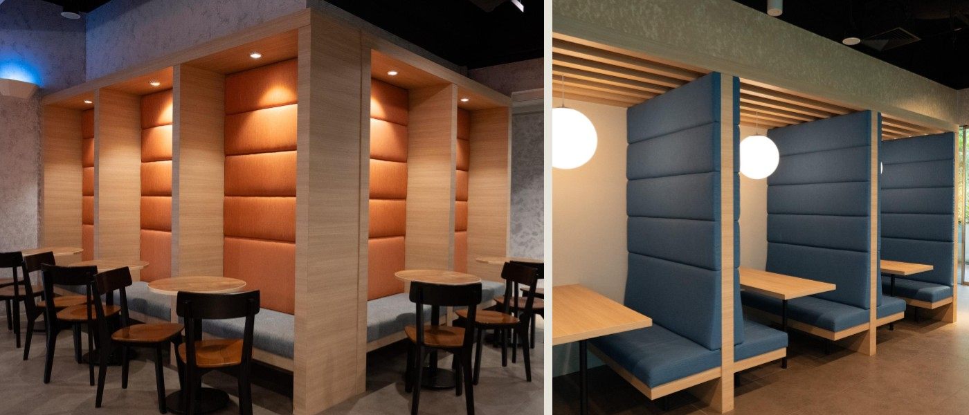 Upholstered timber booth seating at Soup Spoon NUS